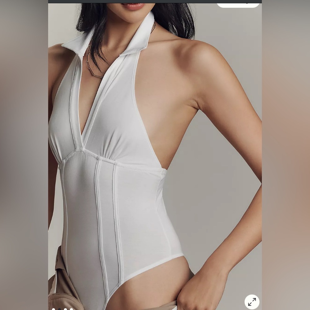 Anthropologie XL GIC Collared Halter Jersey Bodysuit White
